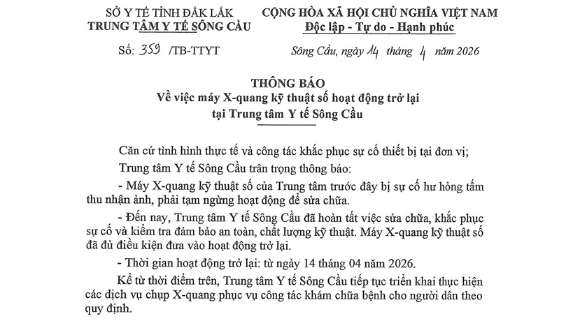 Thông báo máy X-Quang kỹ thuật số hoạt động trở lại tại TTYT Sông Cầu